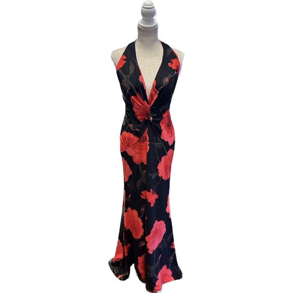 Nicole Bakti Black and Red Floral Halter Formal Dress
